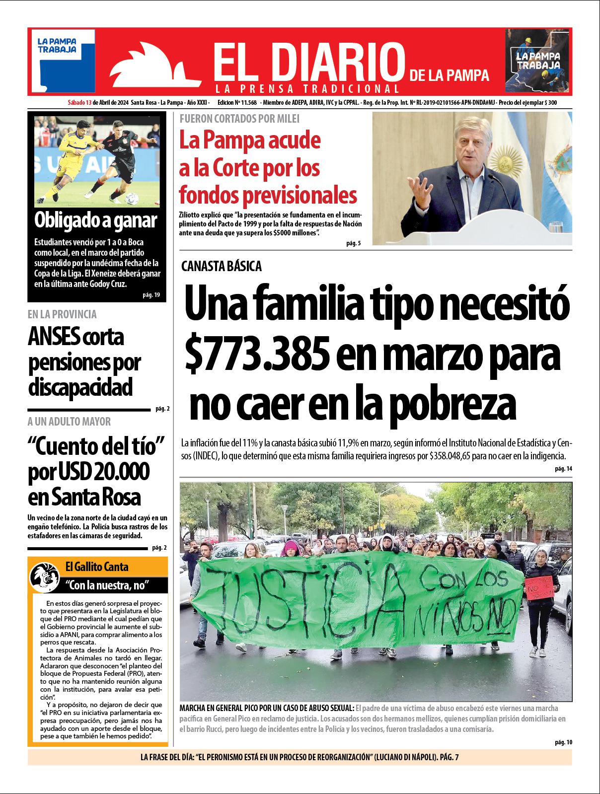 Tapa de El Diario en papel  saacutebado 13 de abril de 2024